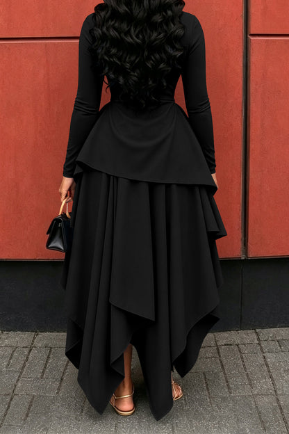 Long-Sleeve Ruffle Hem High-Low Dress