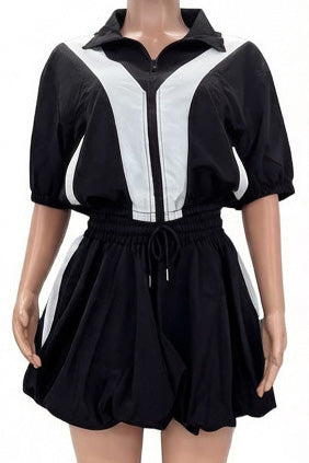 Color-Block Track Jacket & Bubble Skirt Set