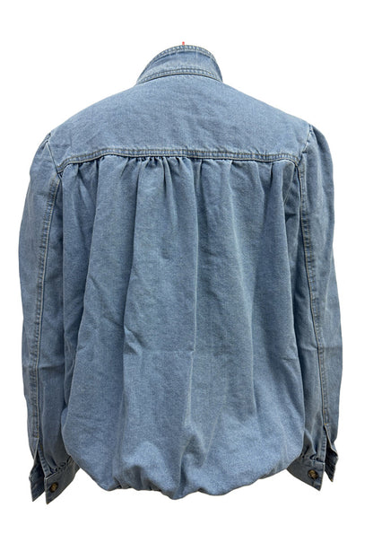 Puff-Sleeve Stand-Collar Denim Jacket