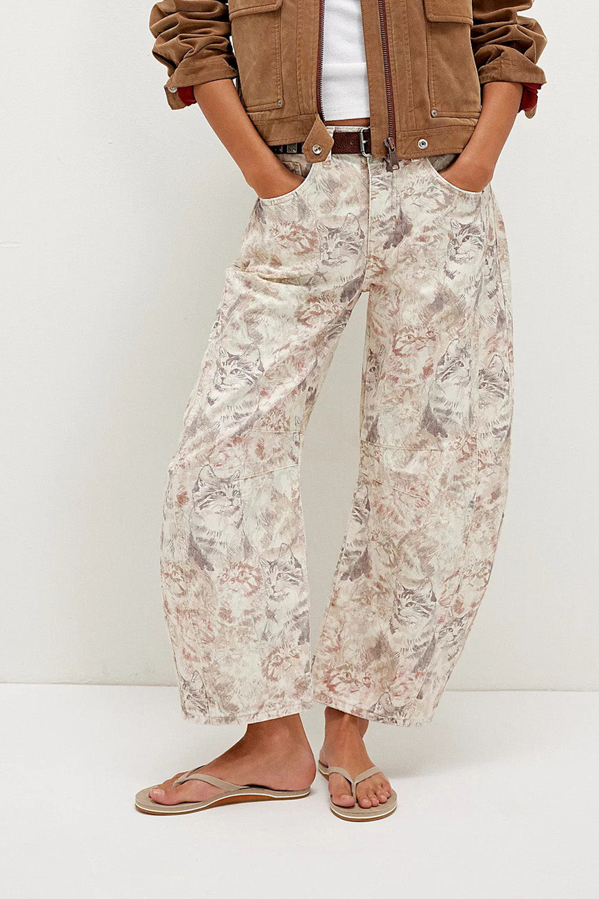 Vintage Cat Print Relaxed Barrel Leg Jeans