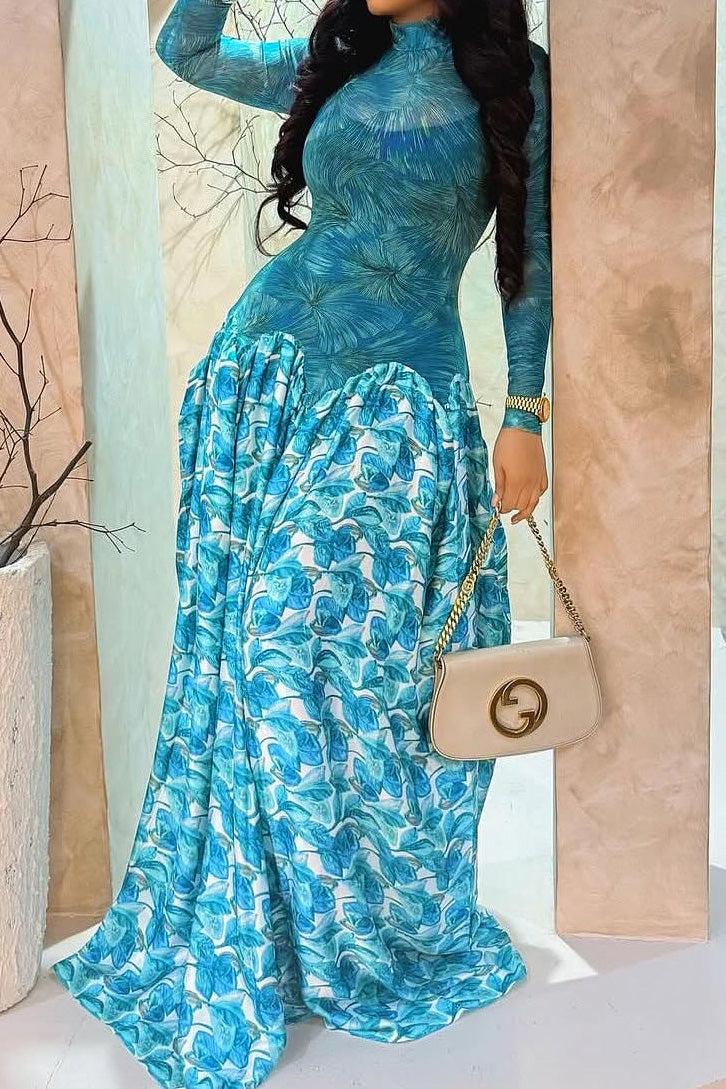 Mock Neck Mesh Floral Maxi Dress
