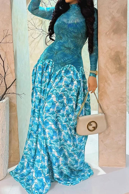 Mock Neck Mesh Floral Maxi Dress