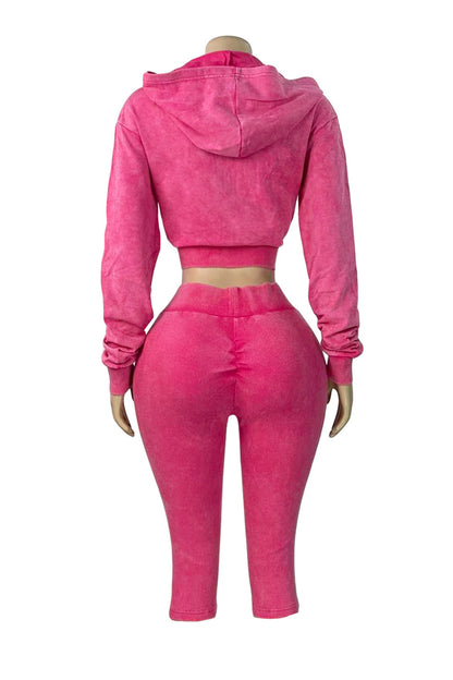 Washed Hoodie & Ribbed Capri Leggings Set