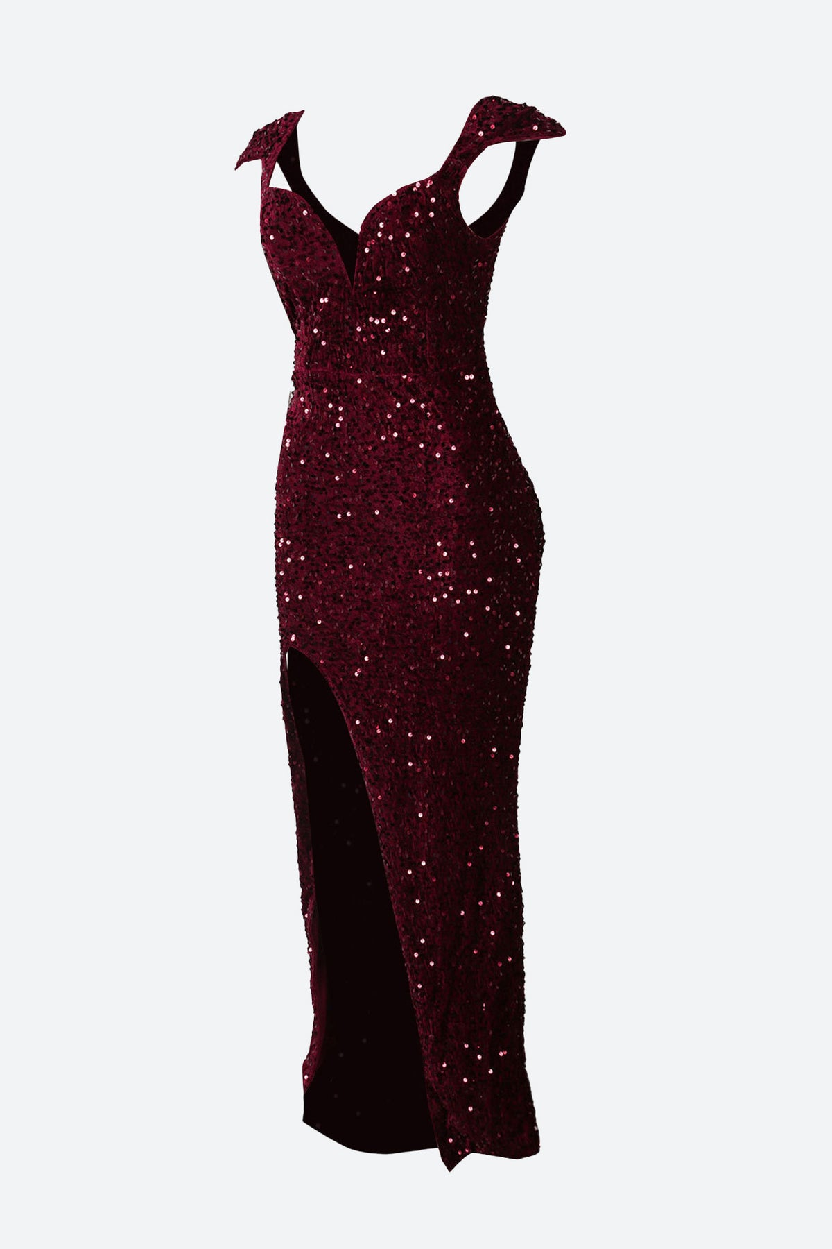 Burgundy Sequin Corset Slit Sweep Dress