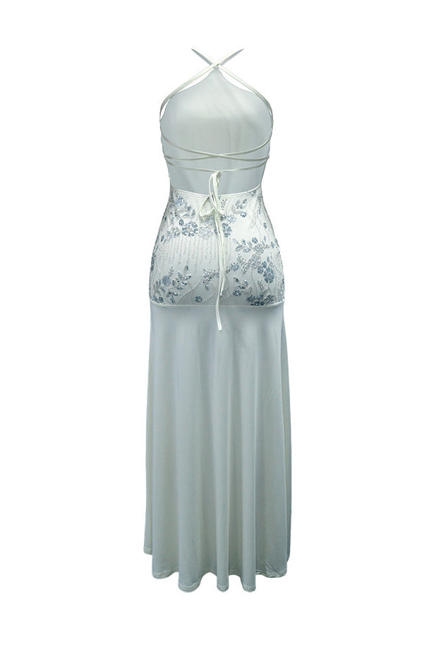 Sequin Floral Halter Mermaid Maxi Dress