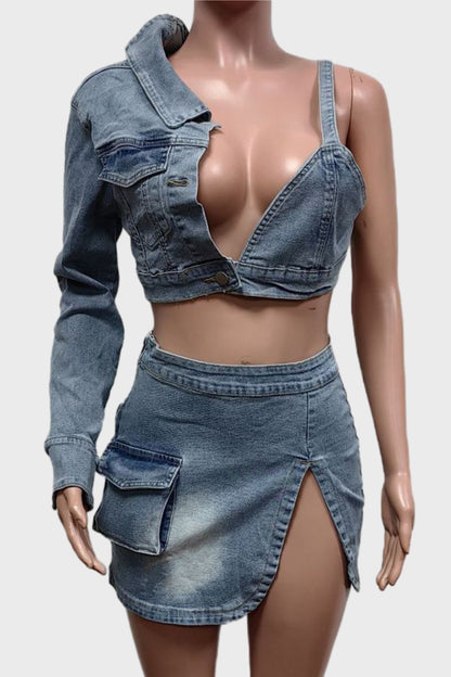 One Sleeve Crop Top Mini Skirt Set