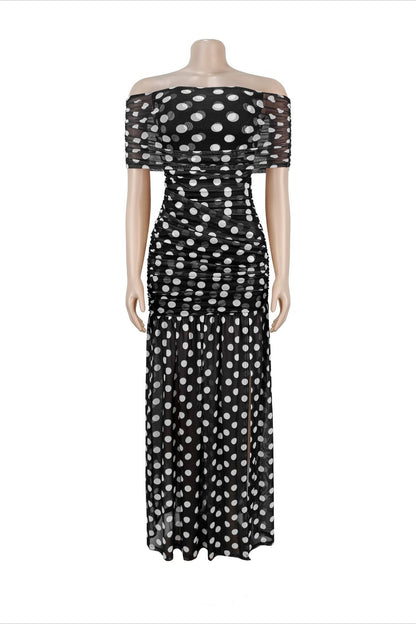 Off-Shoulder Polka Dot Ruched Maxi Dress