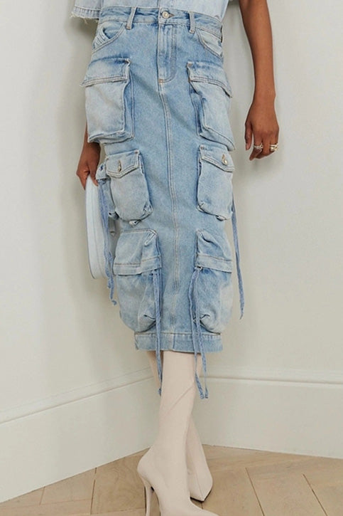 Blue Pocket Denim Midi Skirt