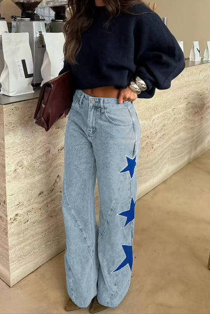 High-Waisted Star Patch Wide Leg Jeans