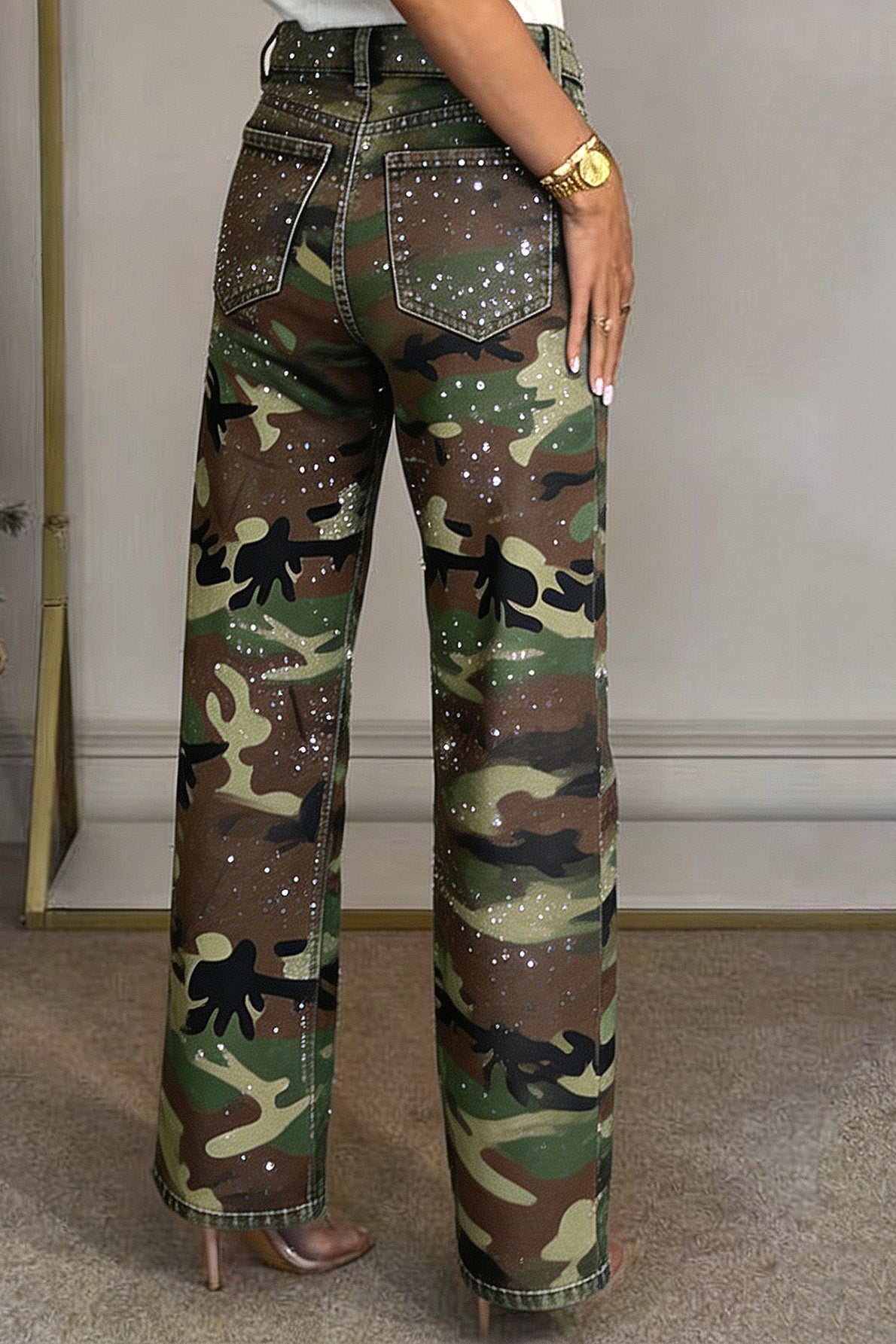 Rhinestone Camo Straight Leg Jeans