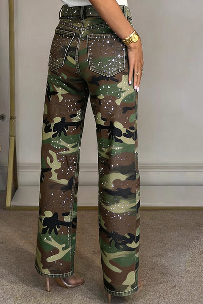 Rhinestone Camo Straight Leg Jeans