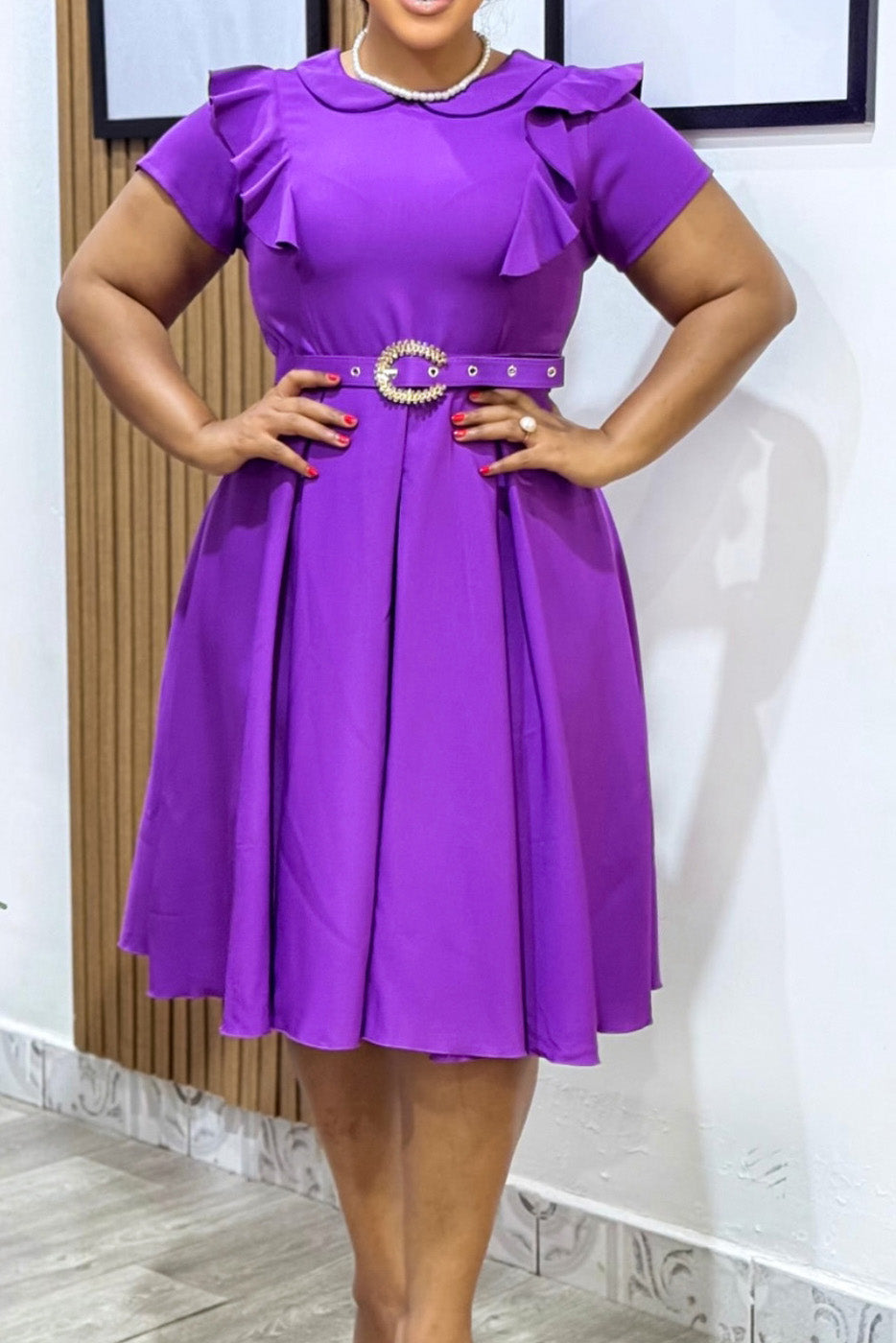 Solid Color Puff Sleeve Babydoll Flare Dress