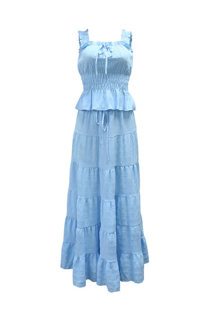 Textured Smocked Top & Tiered Maxi Skirt Set