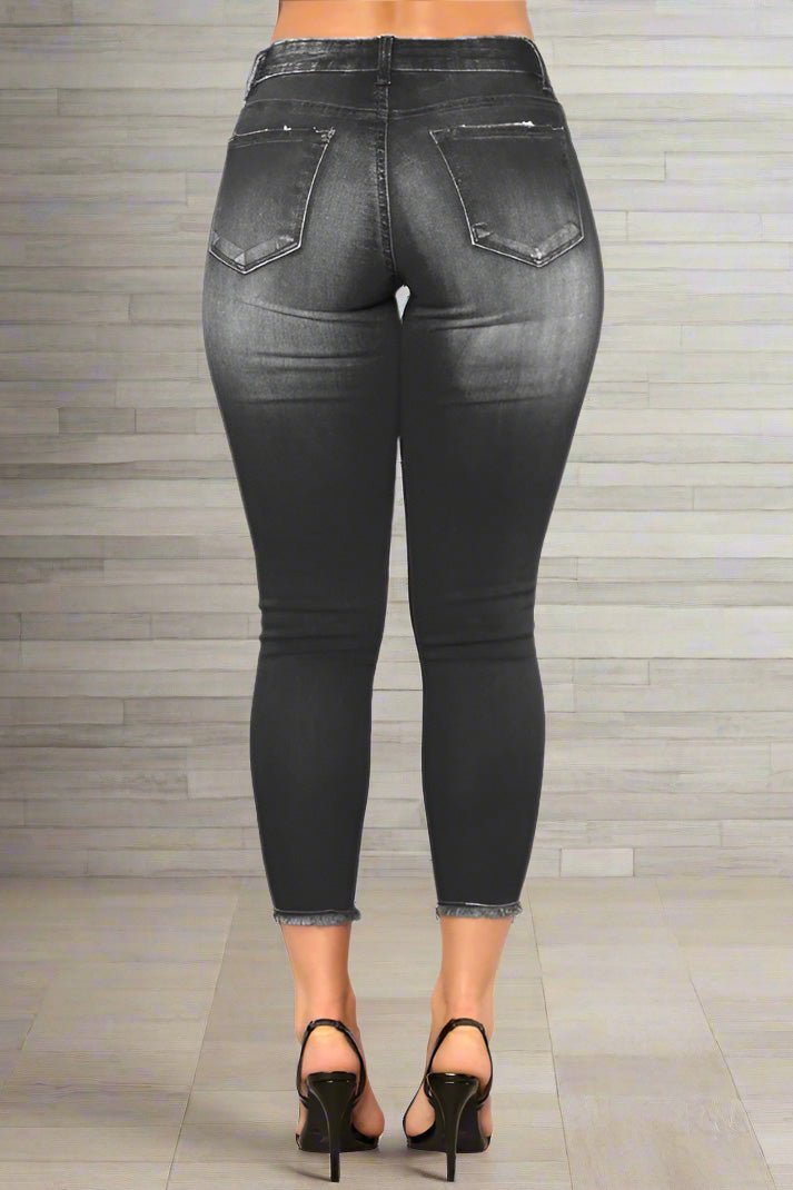 High Waist Stretch Ripped Jeans - Skinny Fit