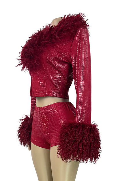 Fur Collar & Cuff Metallic Top and Shorts Set