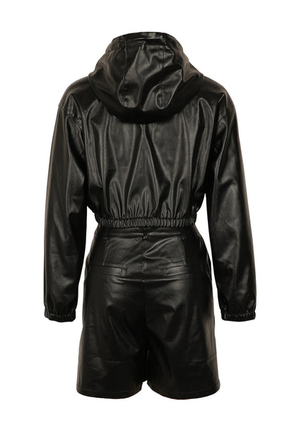Leather-Look Hooded Jacket & Bermuda Shorts Set