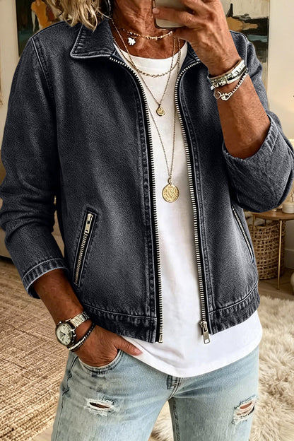 Washed Zip Front Denim Jacket