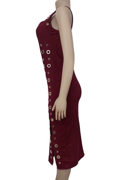 Grommet-Detail Corset Midi Dress with High Slit