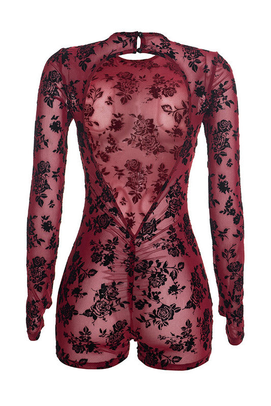 Floral Mesh Backless Long-Sleeve Romper