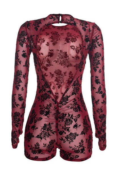 Floral Mesh Backless Long-Sleeve Romper