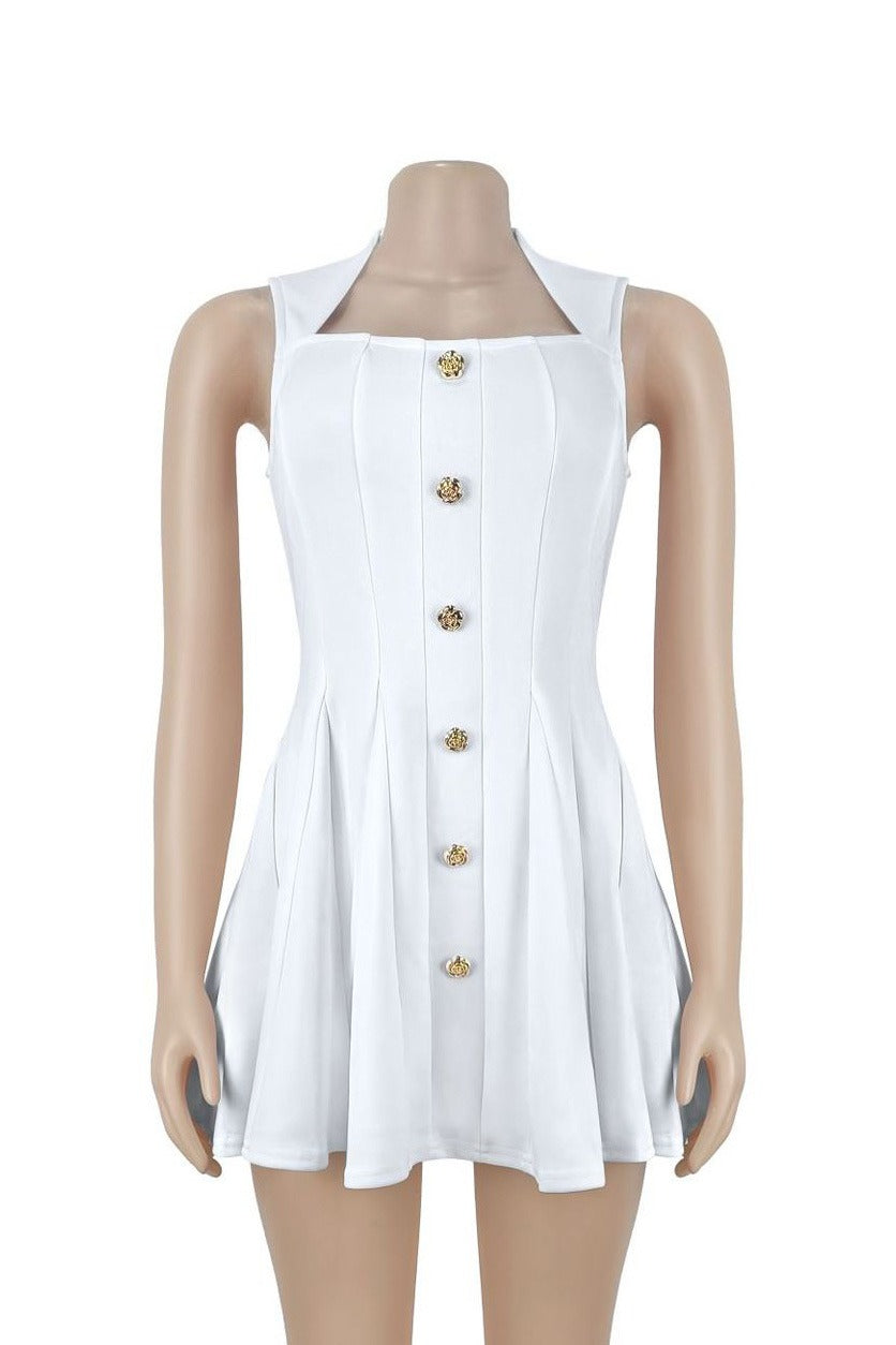 Square Neck Button Front Pleated Mini Dress