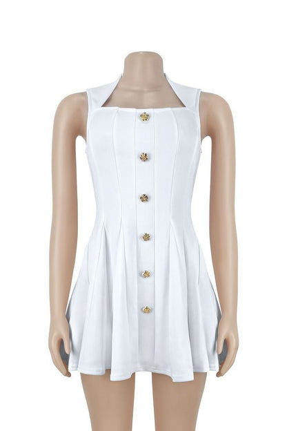 Square Neck Button Front Pleated Mini Dress