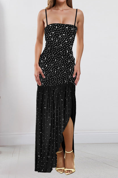 Rhinestone Strap Slit Bodycon Dress