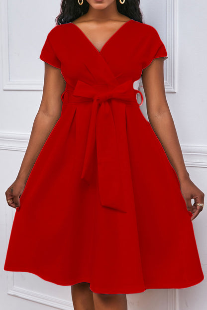 Solid Color Belted Bow Tie Waist Dress