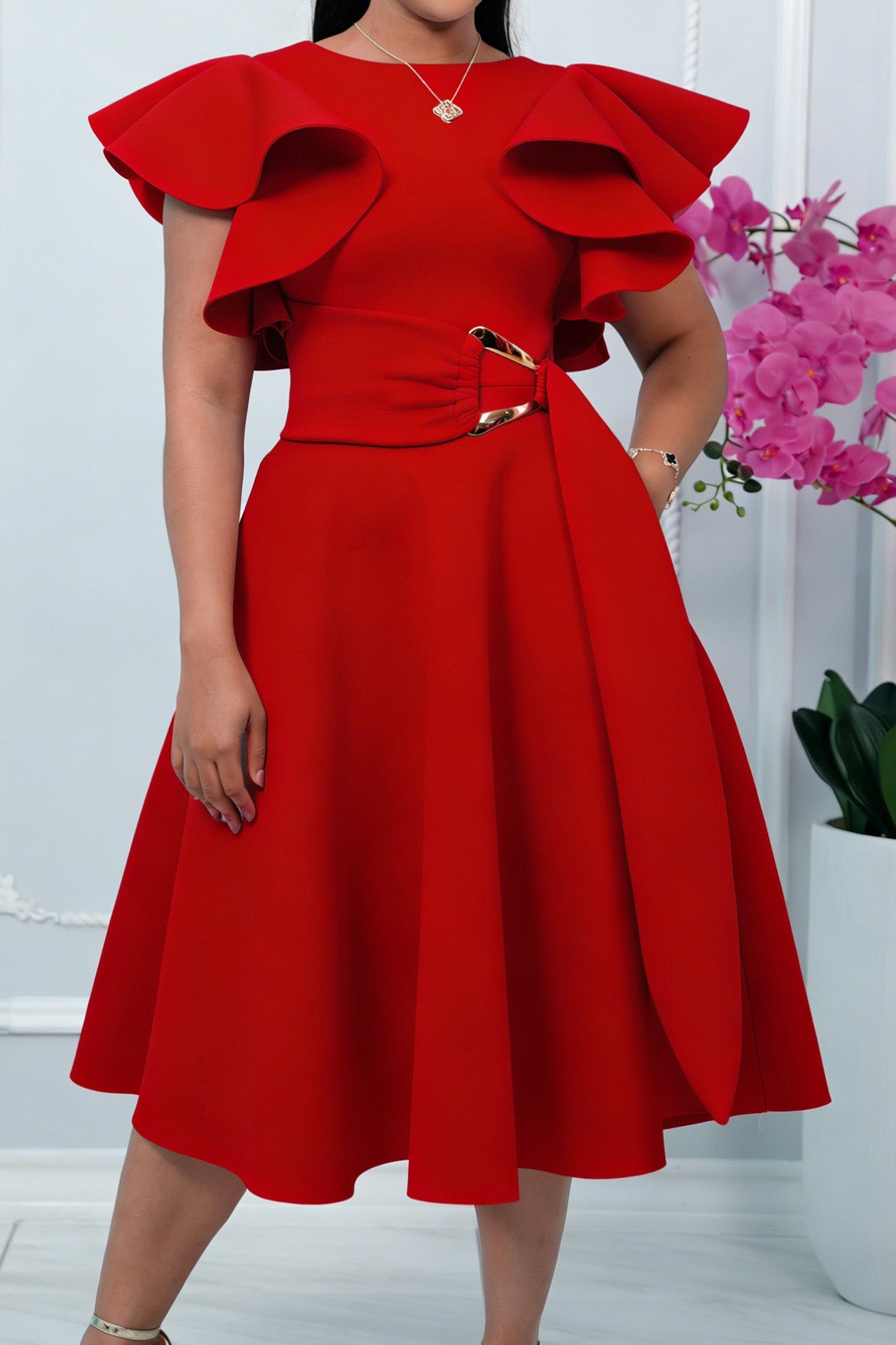 Elegant Ruffle Sleeve Belted Midi Dress
