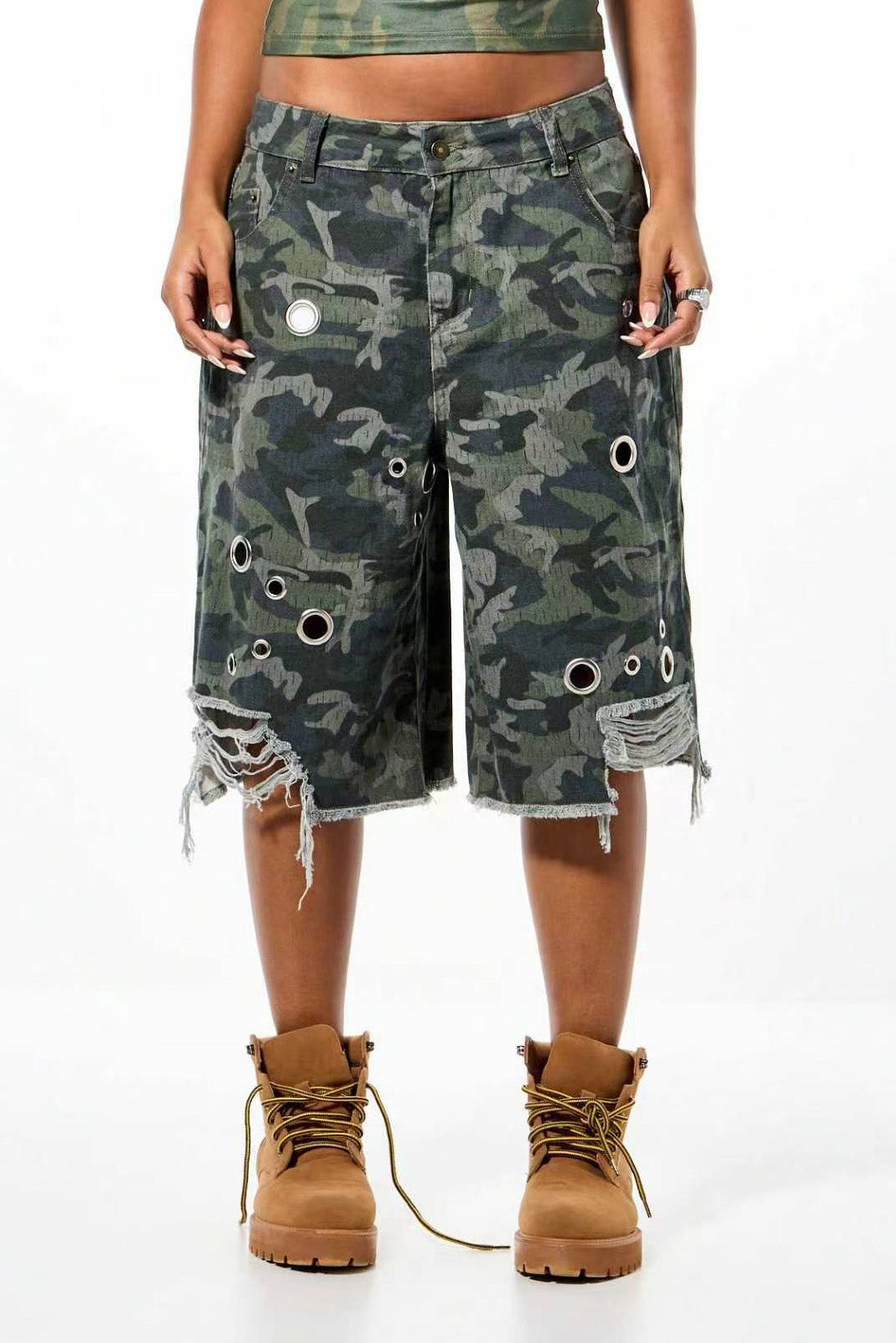 Oversized Grommet Distressed Long Shorts