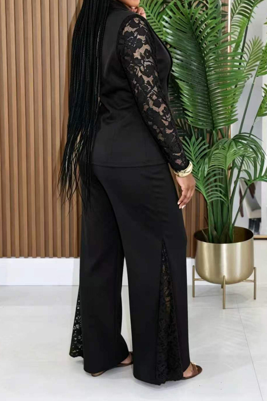 Lace Sleeve Blazer & Wide Leg Pant Set