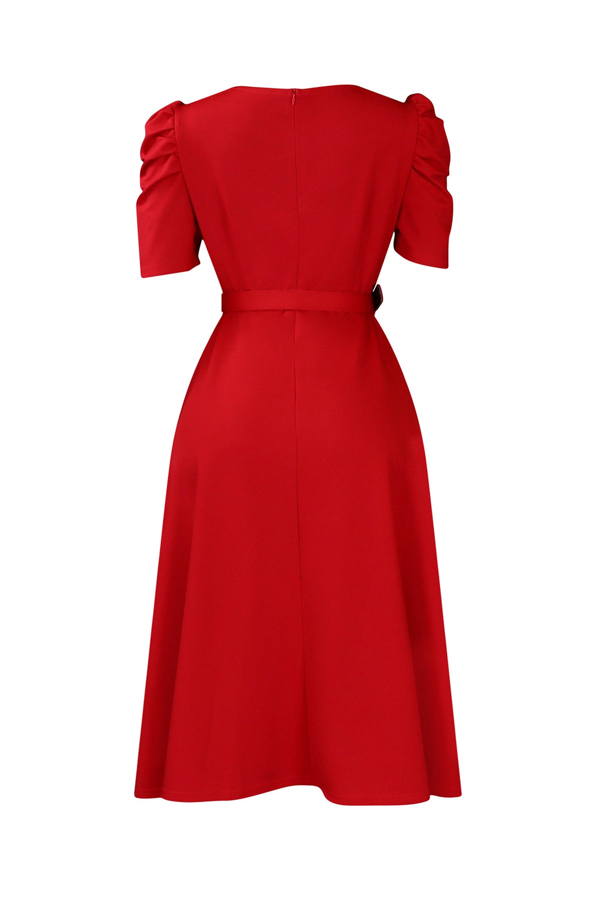 V Neck Short Puff Sleeves High Waist Midi Dress