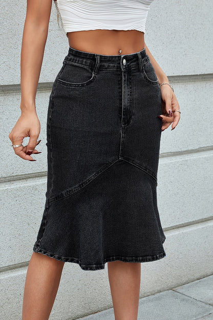 Fluted Hem Denim Midi Skirt