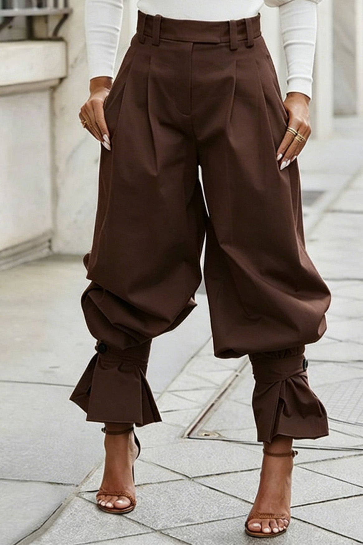 Pleated Ruffle-Cuff Balloon Trousers