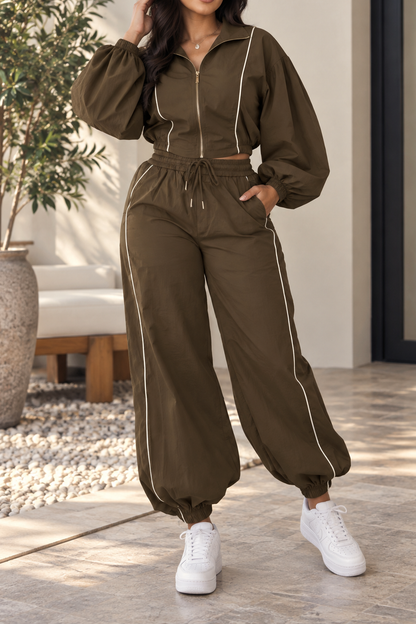 Piped Balloon Sleeve Tracksuit Set