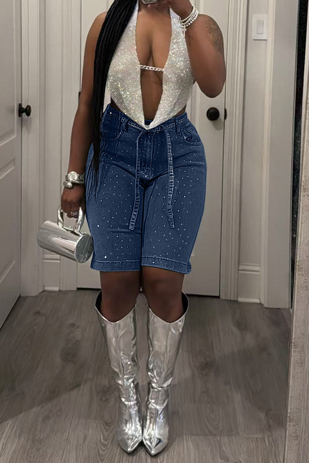Rhinestone Denim Bermuda Shorts