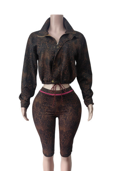 Leopard Cropped Jacket & Biker Short Set