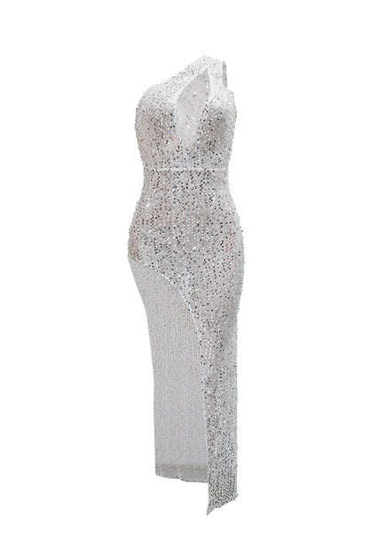 Sequin Halter Deep V Backless Slim Fit Maxi Dress