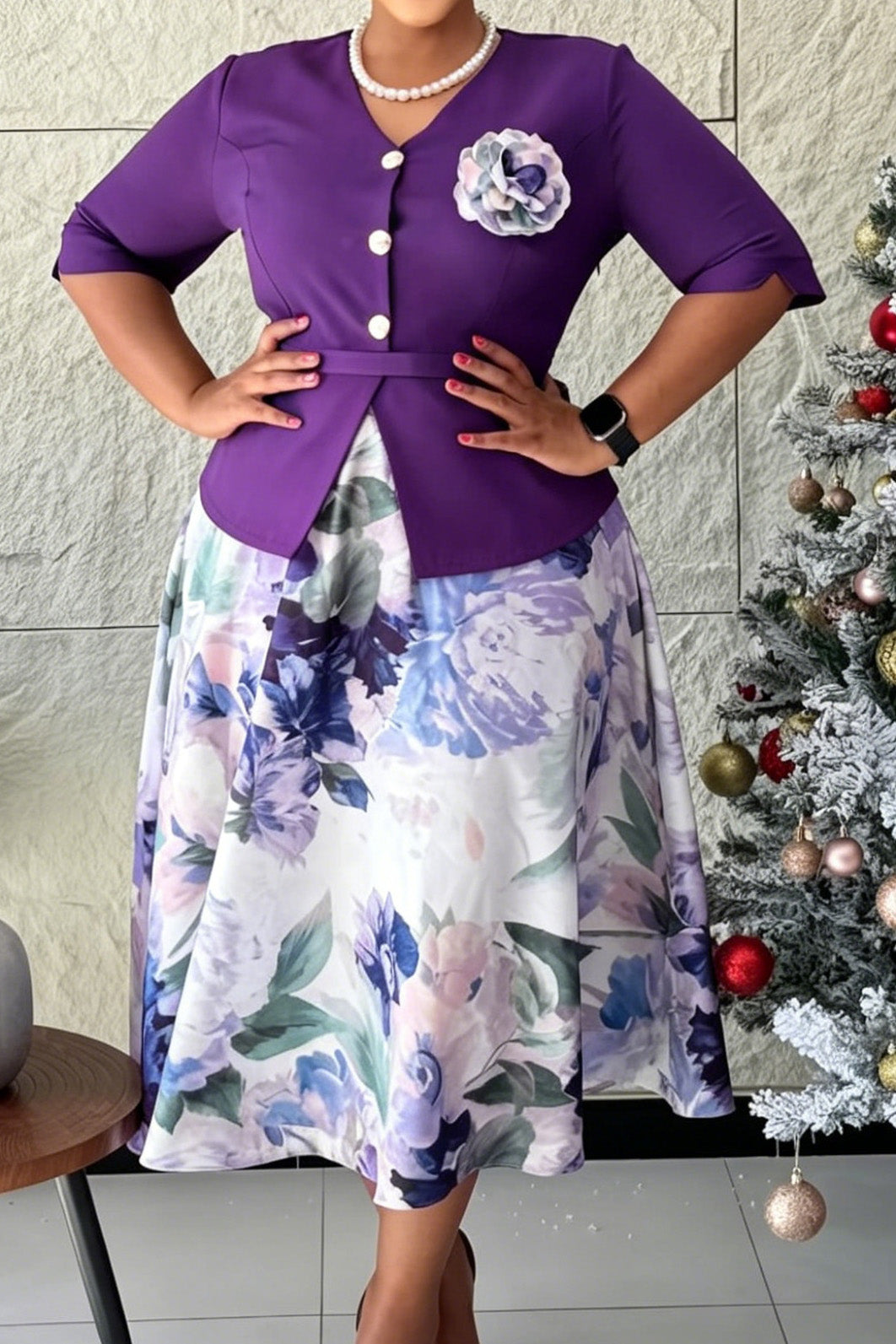 Mock Two-Piece Floral A-Line Dress