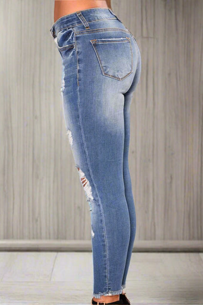 High Waist Stretch Ripped Jeans - Skinny Fit
