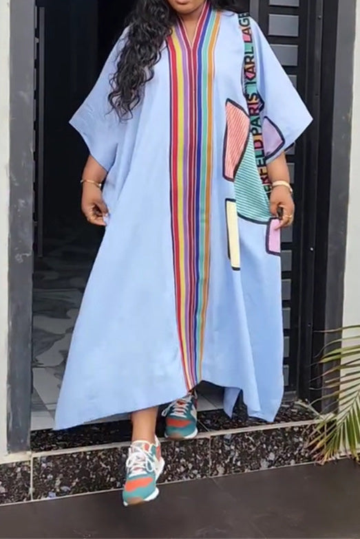 Plus Size Printed V Neck Maxi Dress