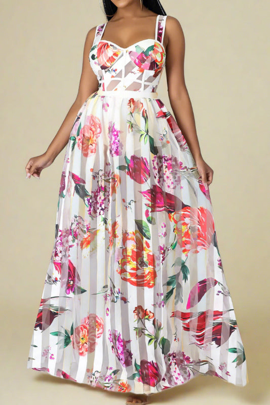 Floral Print Sheer Mesh Maxi Dress
