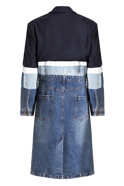 Contrast Denim Midi Trench Coat