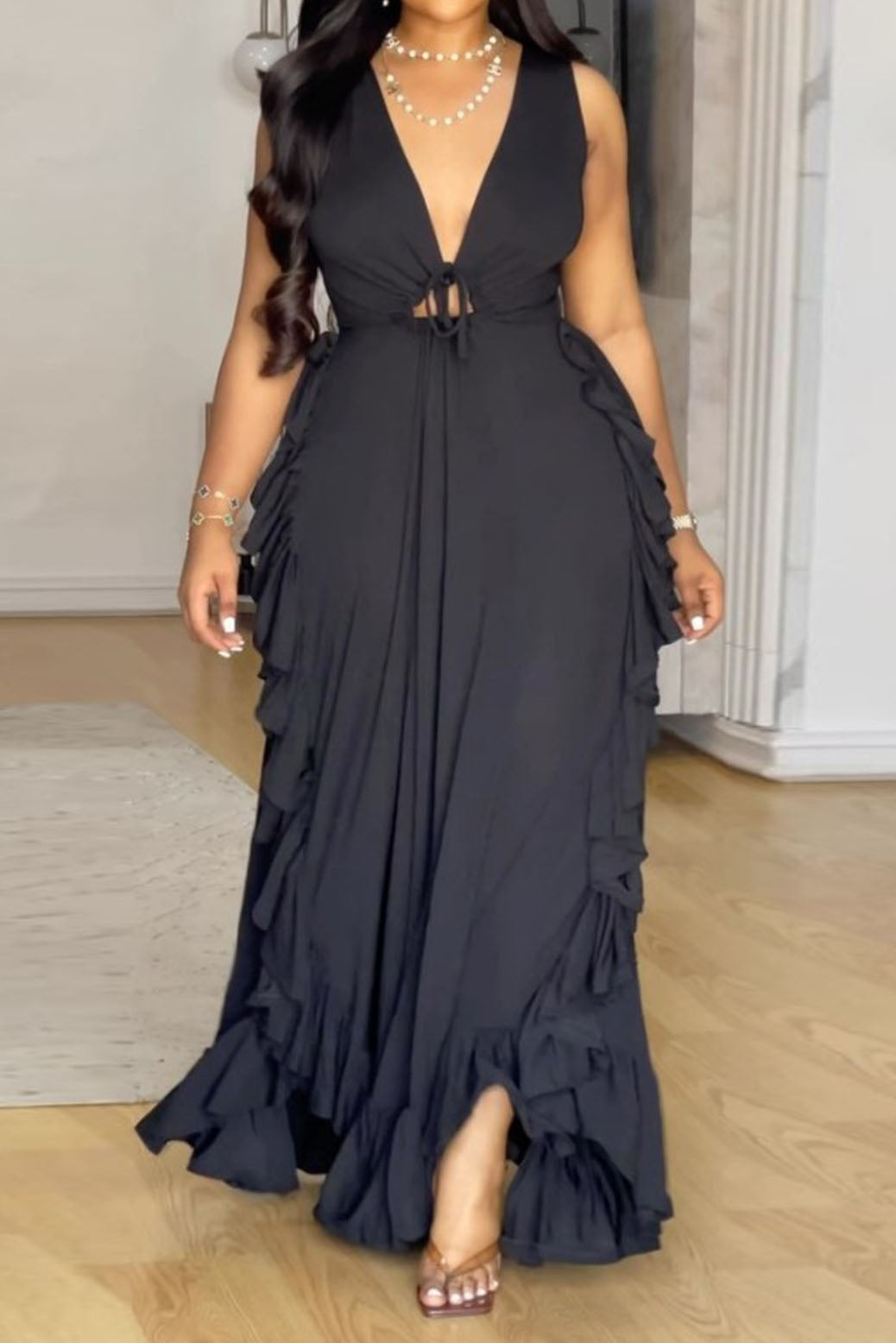 Plus Size Ruffle V-Neck Maxi Dress