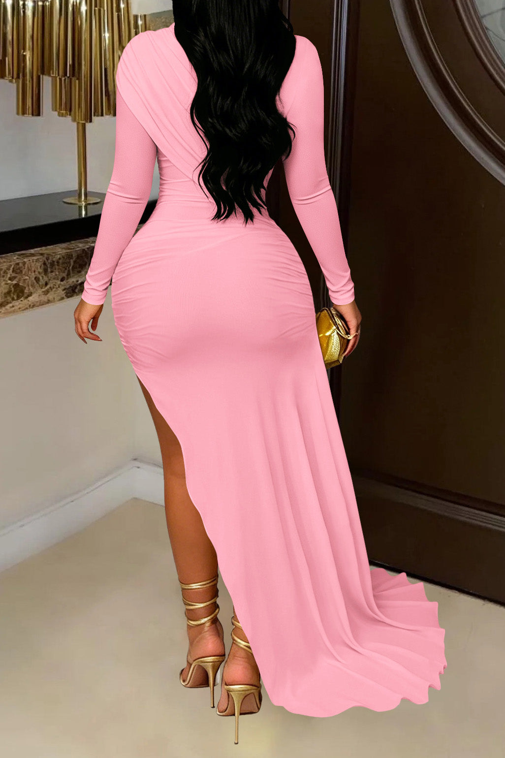 Mock Neck Ruched Mini Dress with Draped Train