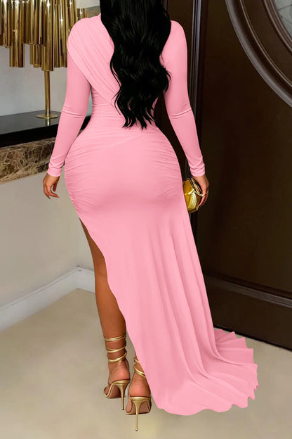 Mock Neck Ruched Mini Dress with Draped Train
