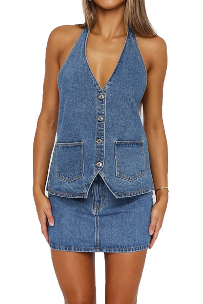 Buttoned Halter Neck Denim Long Top