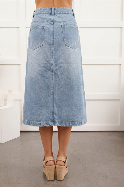Button Front Cargo Denim Midi Skirt