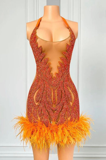 Sheer Cocktail Feather Dress