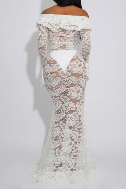 Sheer Lace Ruffled Slit Maxi Dress
